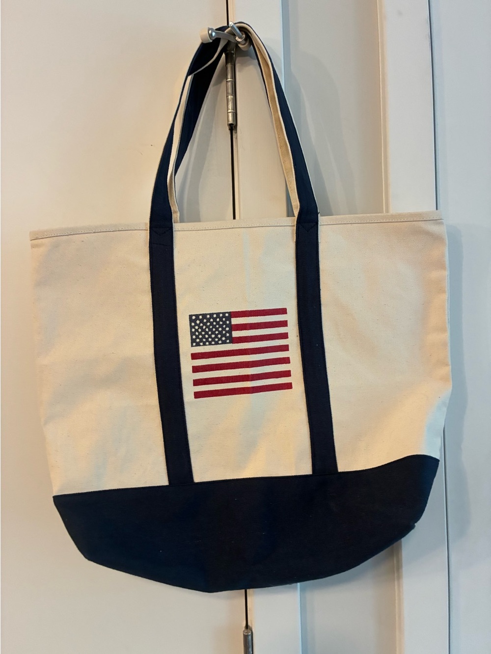 Canvas Tote with American Flag Accent - Navy & Cream